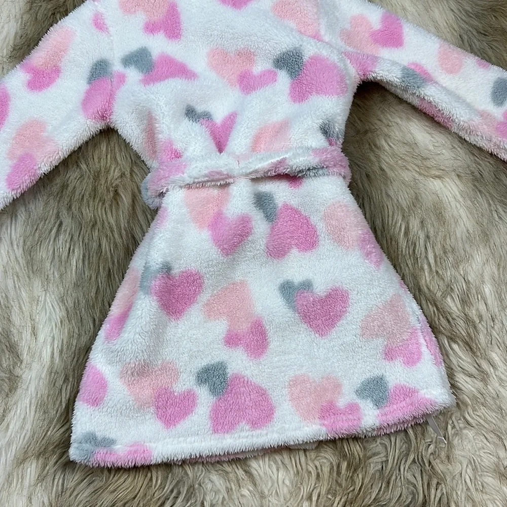 Laura Ashley Girls Plush Heart Robe Pom Pom Hood Belt 4T